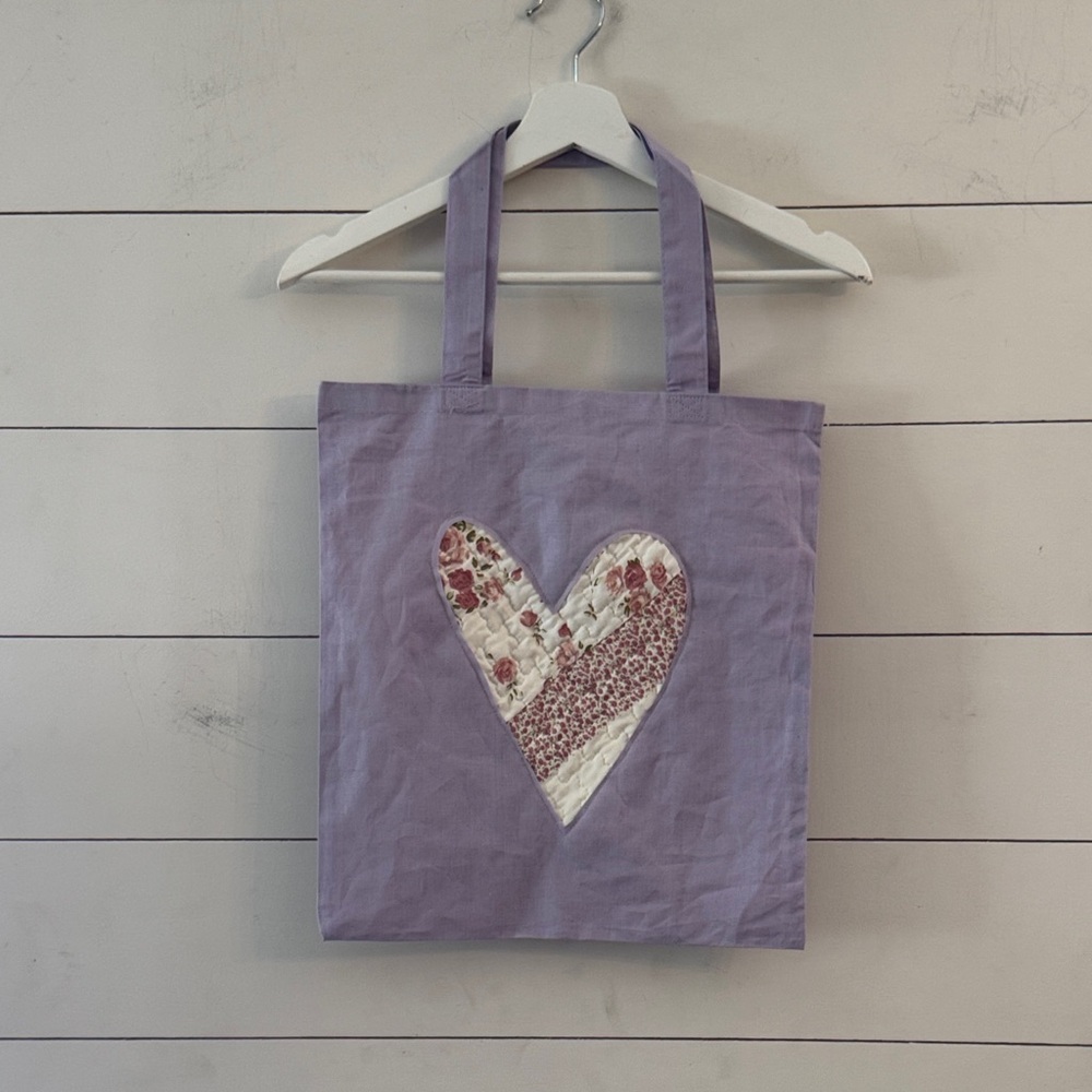 Heart Quilted Patchwork Purple Cotton Tote Bag Handmade 14.5”x16”